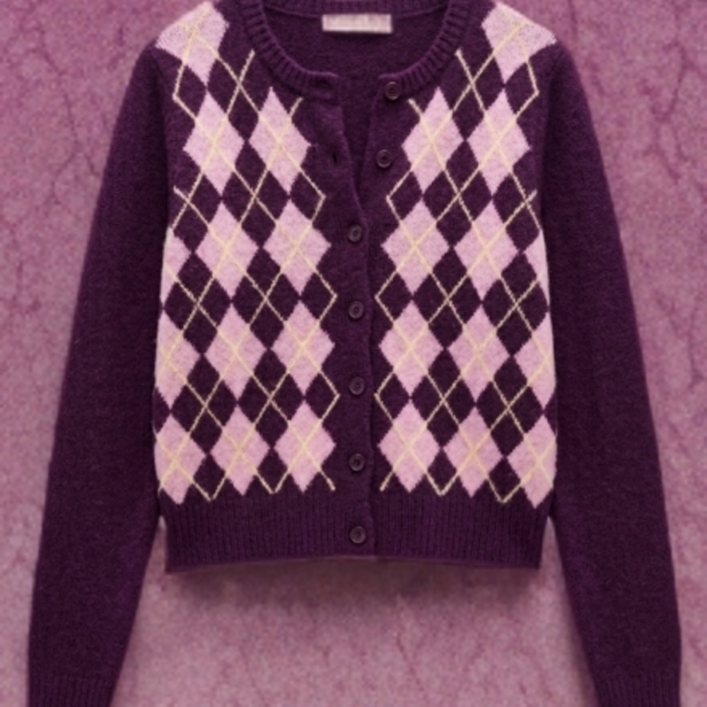 Zara Purple Argyle Button-Front Cardigan with Pink Accents